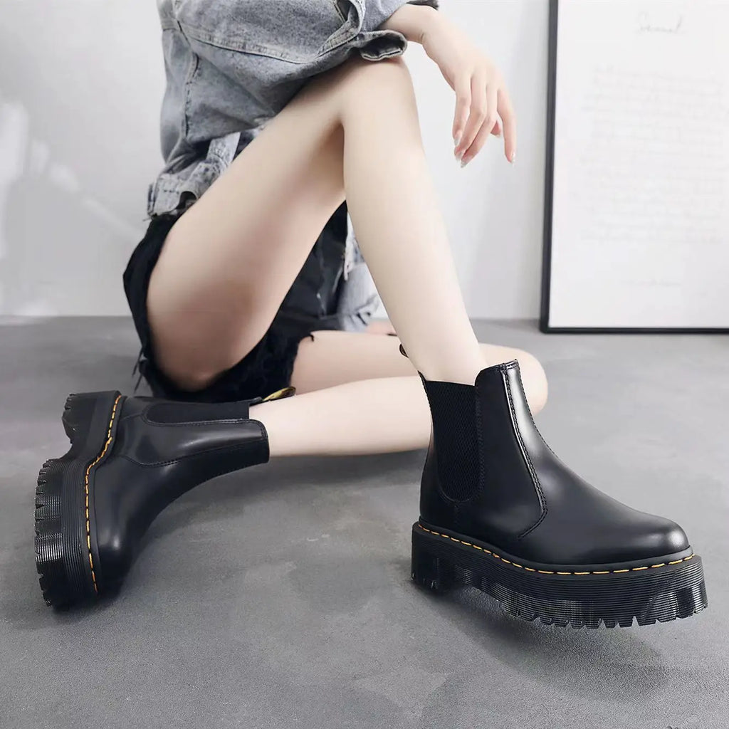 Minimalist Front Lace-up Combat Boots 5Cm Chunky Heel Platform Women Boots British Style Thick Sole Increase Height Casual Boots - SJB-DIAMOND ELITES