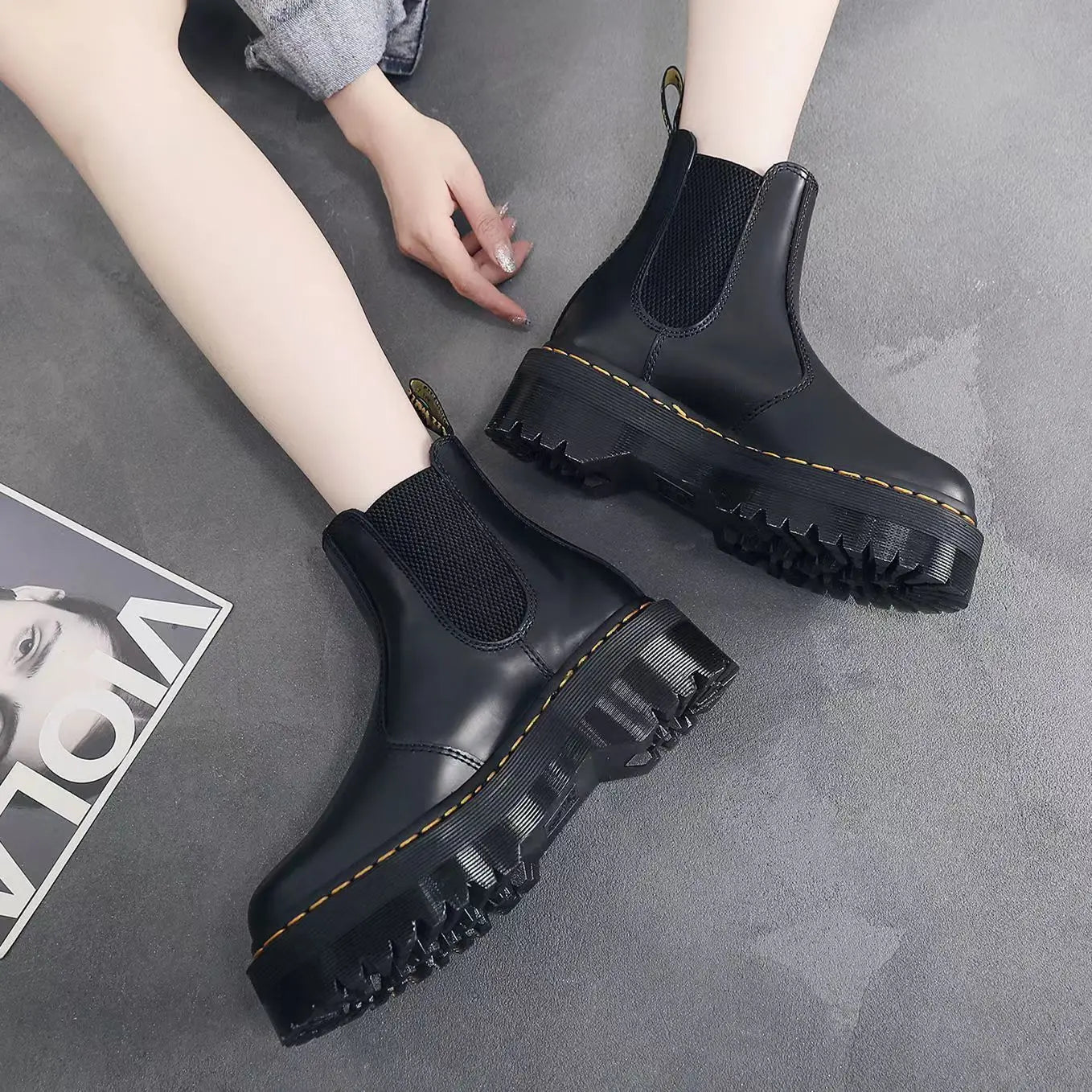 Minimalist Front Lace-up Combat Boots 5Cm Chunky Heel Platform Women Boots British Style Thick Sole Increase Height Casual Boots - SJB-DIAMOND ELITES