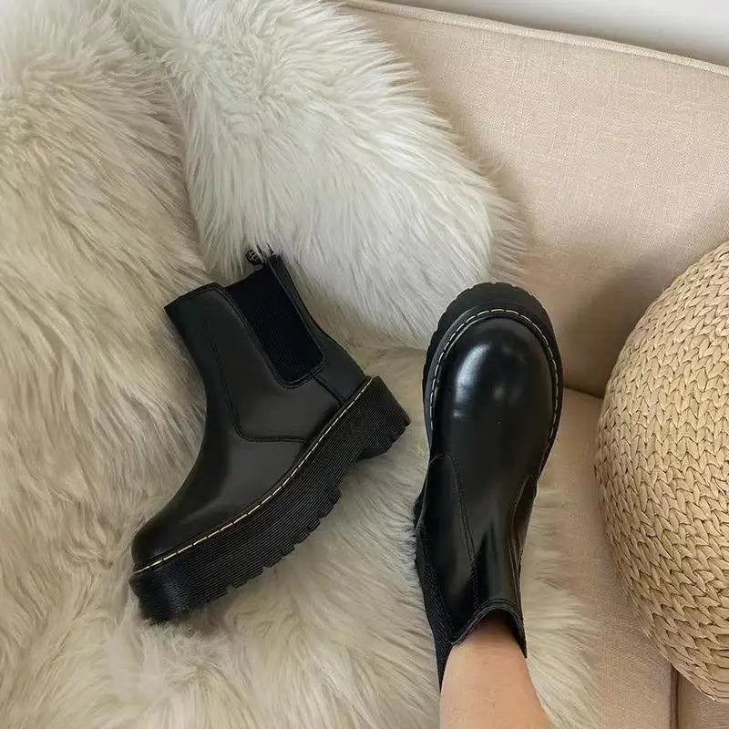 Minimalist Front Lace-up Combat Boots 5Cm Chunky Heel Platform Women Boots British Style Thick Sole Increase Height Casual Boots - SJB-DIAMOND ELITES