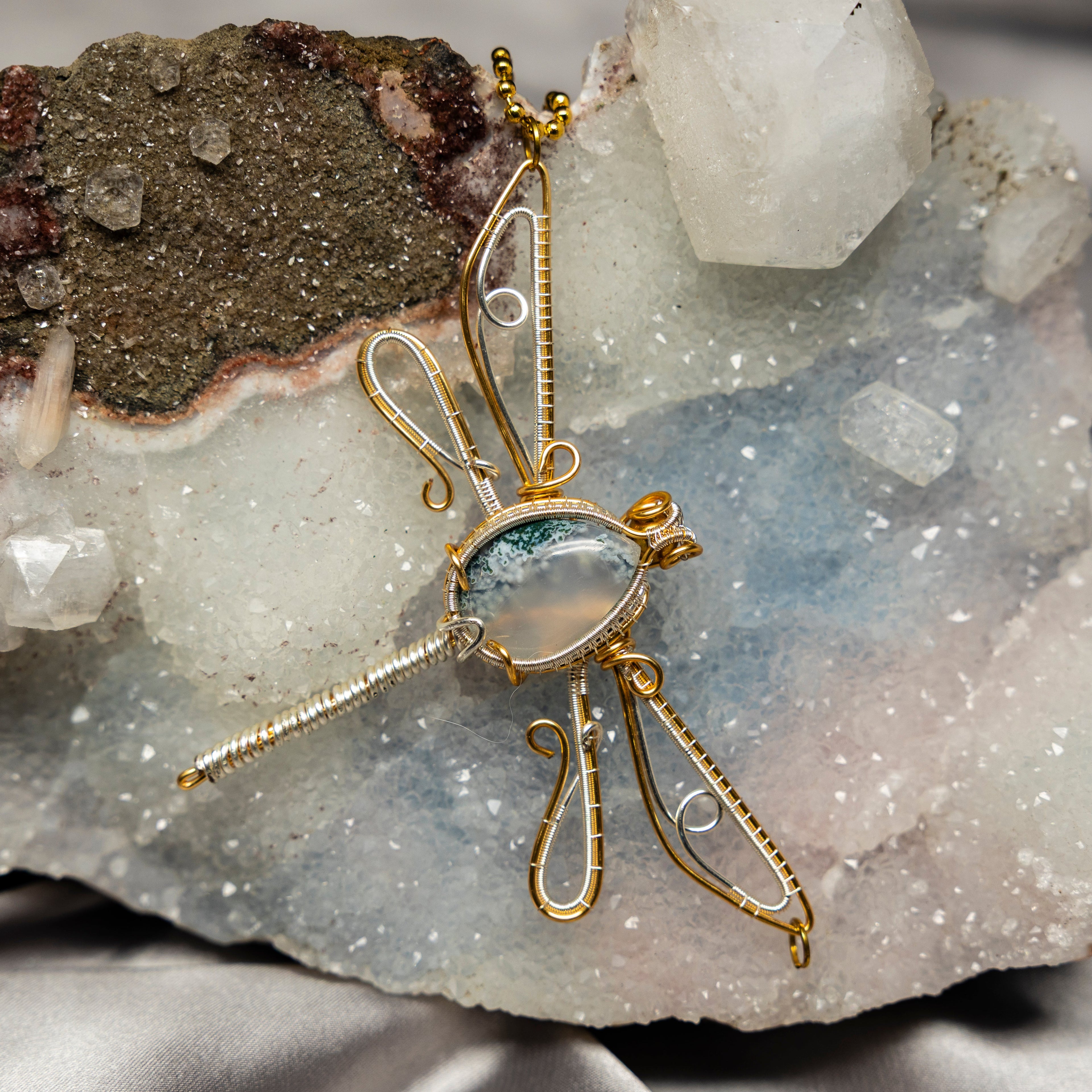 Moss Agate "Dragonfly" Wire Wrap Crystal Pendant - SJB-DIAMOND ELITES