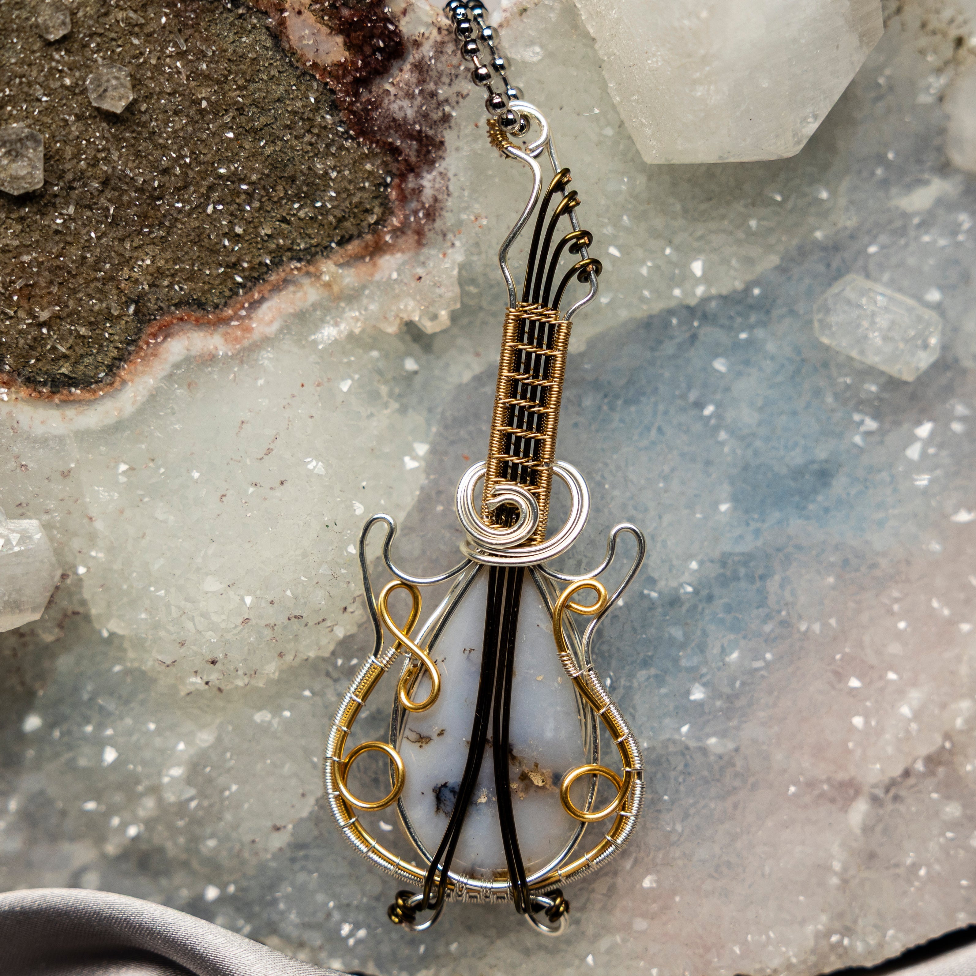Moss Agate "Guitar" Wire Wrap Crystal Pendant #3 - SJB-DIAMOND ELITES