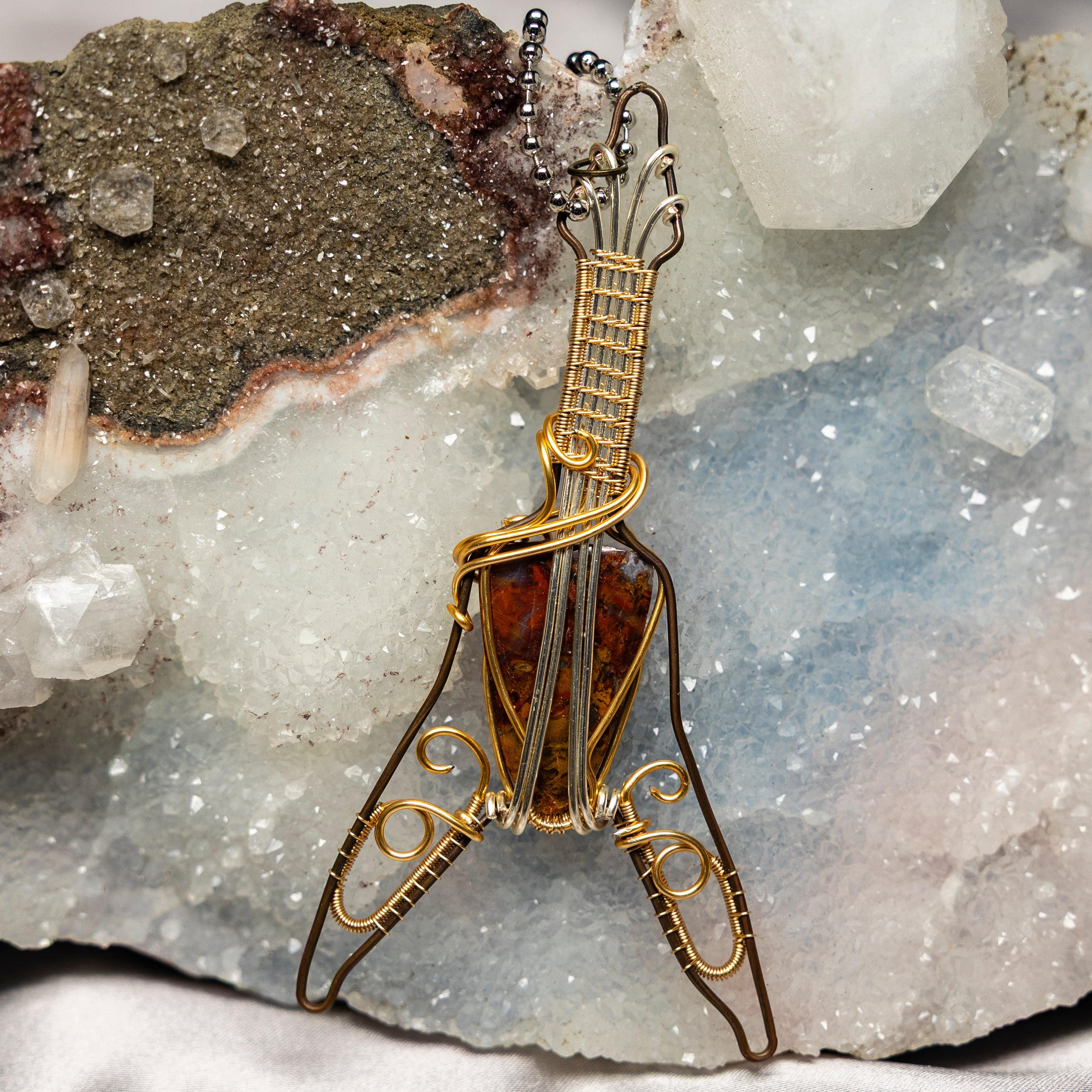 Moss Agate "Guitar" Wire Wrap Crystal Pendant #4 - SJB-DIAMOND ELITES