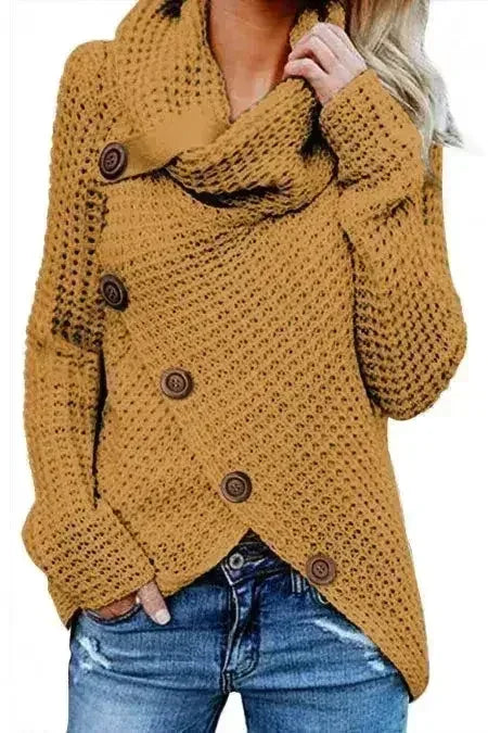 Mustard Buttoned Wrap Turtleneck Sweater - SJB-DIAMOND ELITES