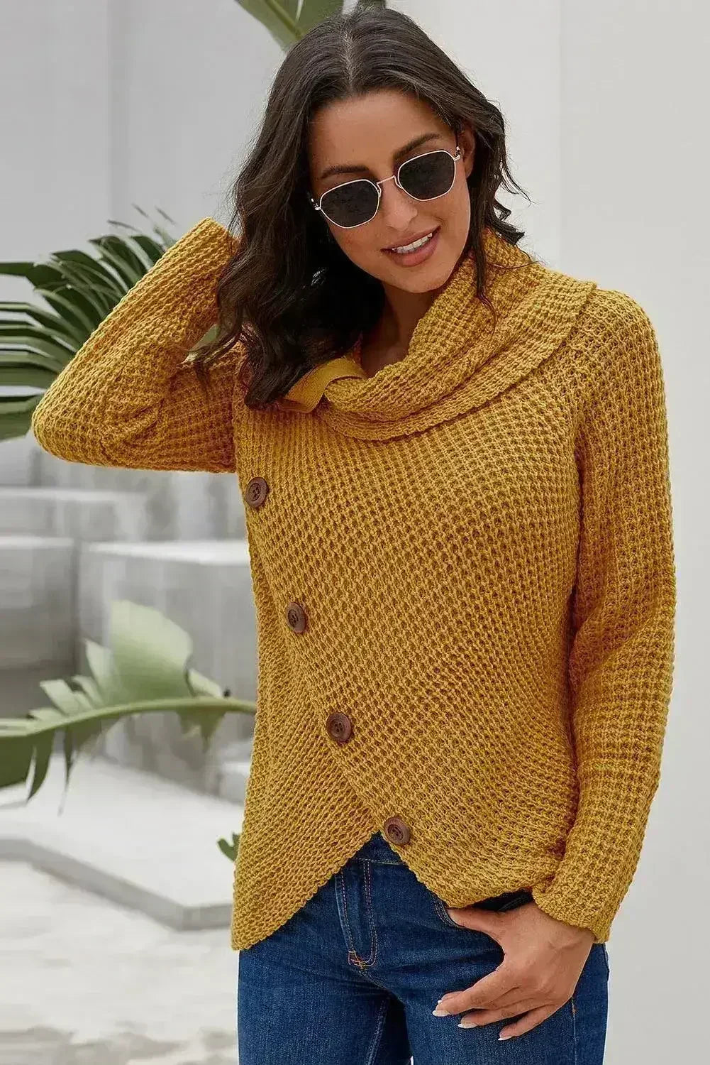 Mustard Buttoned Wrap Turtleneck Sweater - SJB-DIAMOND ELITES