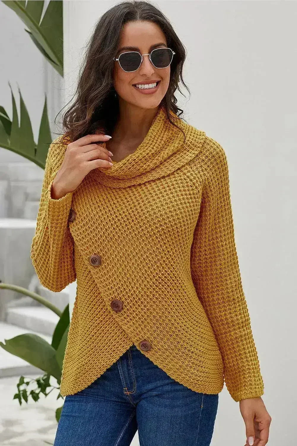 Mustard Buttoned Wrap Turtleneck Sweater - SJB-DIAMOND ELITES
