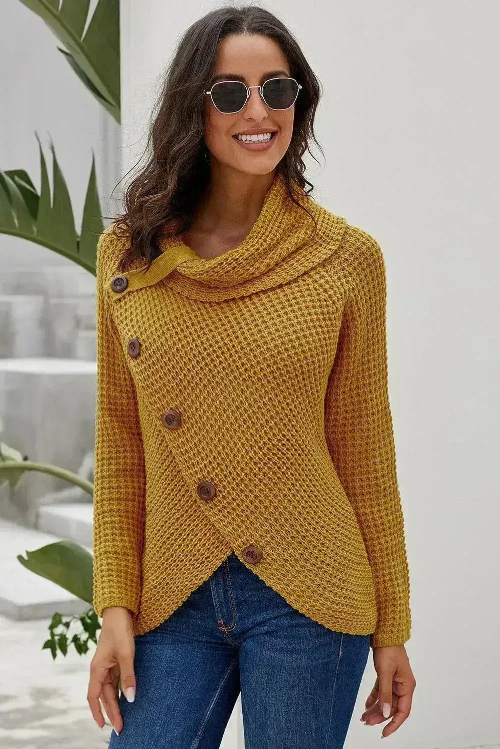 Mustard Buttoned Wrap Turtleneck Sweater - SJB-DIAMOND ELITES