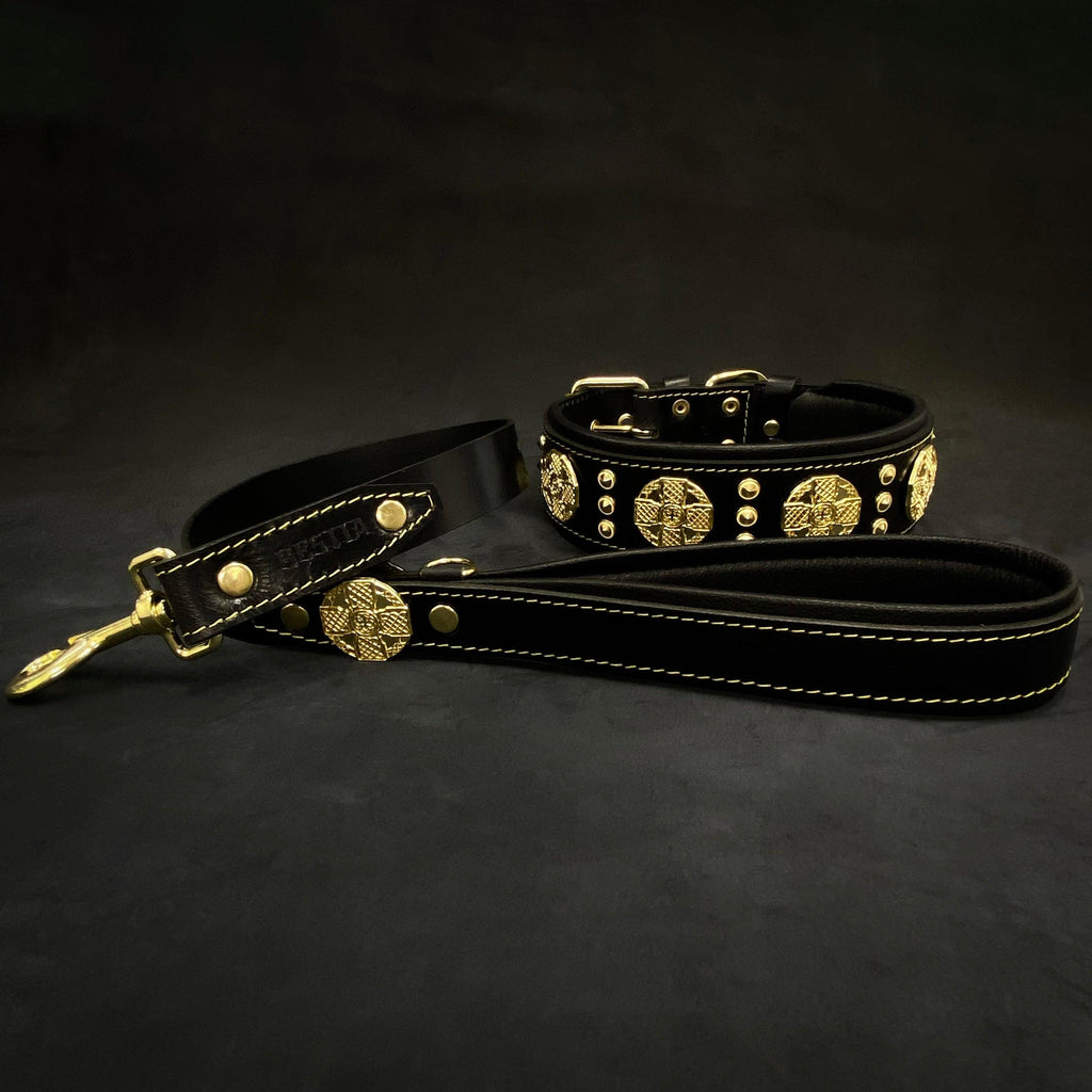 The "Maximus" collar 2.5 inch wide black & gold Bestia Dog Gear
