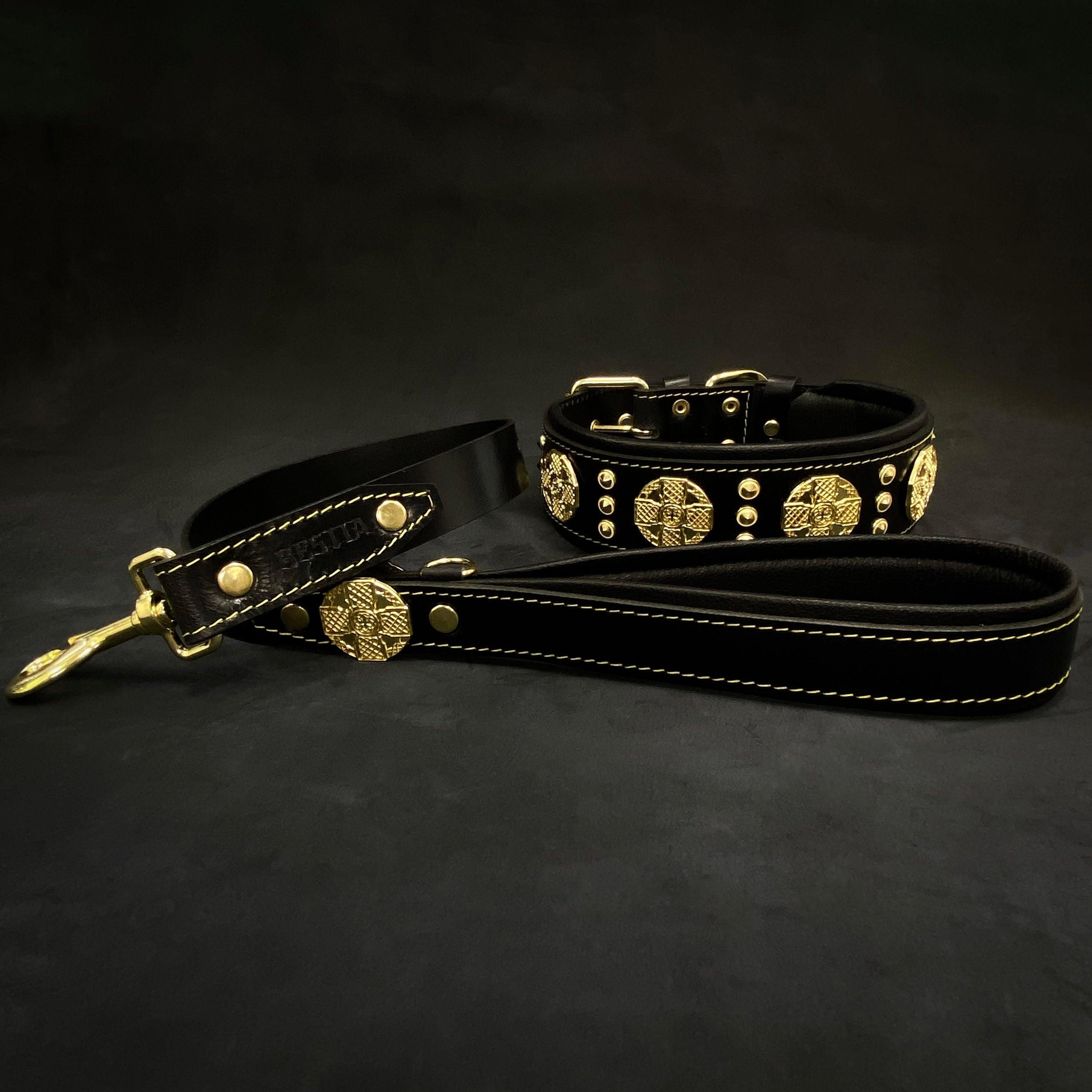 The "Maximus" collar 2.5 inch wide black & gold Bestia Dog Gear