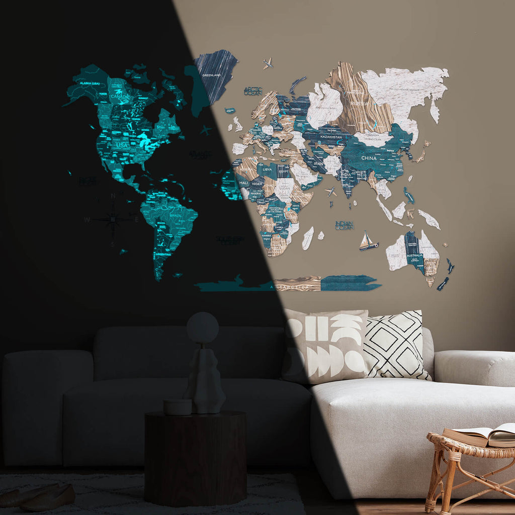 3D Luminous/Magnetic Colored Wooden World Map Mystery Enjoy The Wood