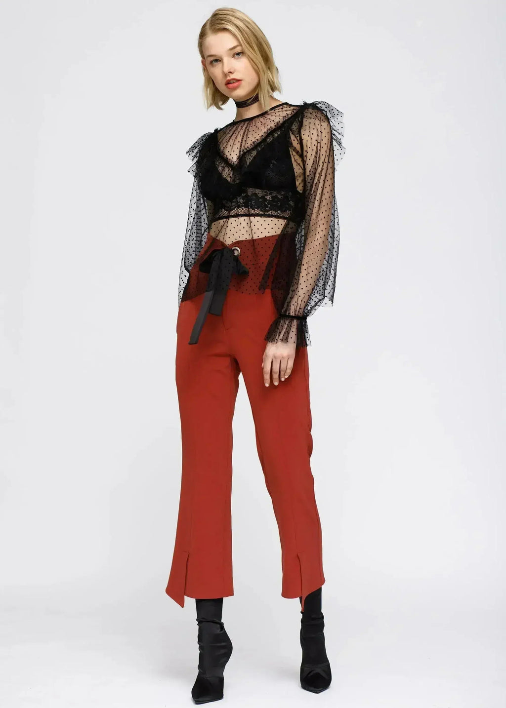 Women's Polka Dot Mesh Ruffle Top In Black - SJB-DIAMOND ELITES