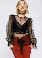 Women's Polka Dot Mesh Ruffle Top In Black - SJB-DIAMOND ELITES