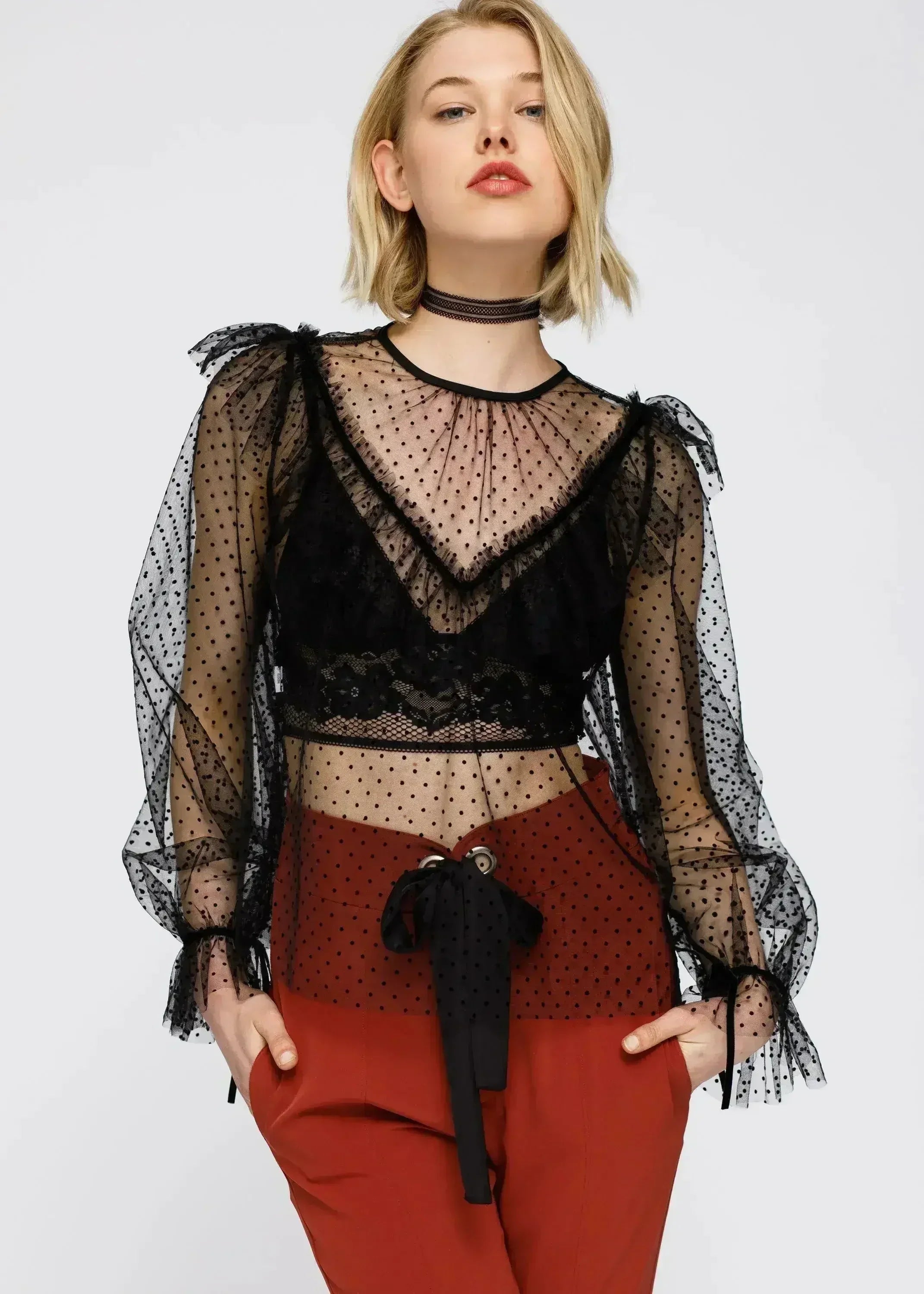 Women's Polka Dot Mesh Ruffle Top In Black - SJB-DIAMOND ELITES