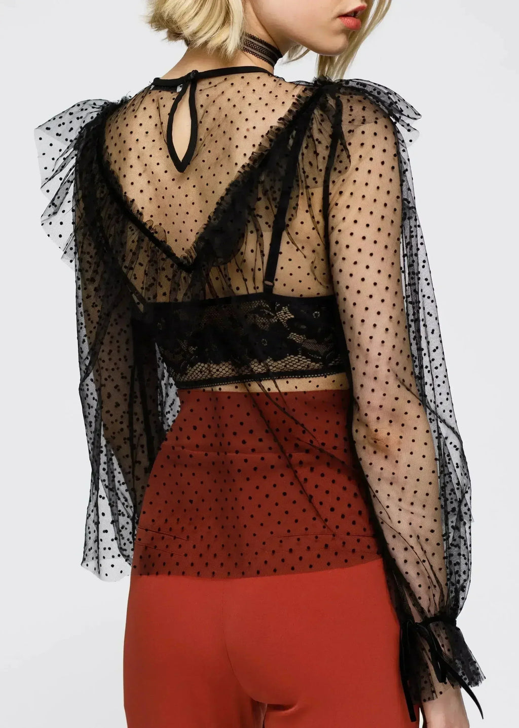 Women's Polka Dot Mesh Ruffle Top In Black - SJB-DIAMOND ELITES