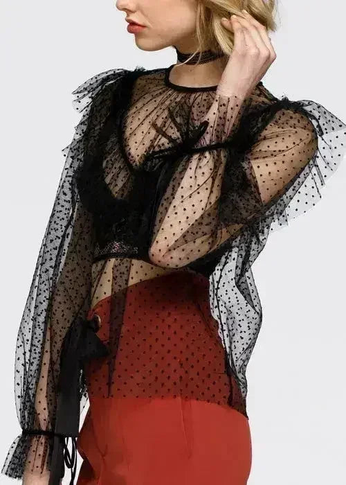 Women's Polka Dot Mesh Ruffle Top In Black - SJB-DIAMOND ELITES