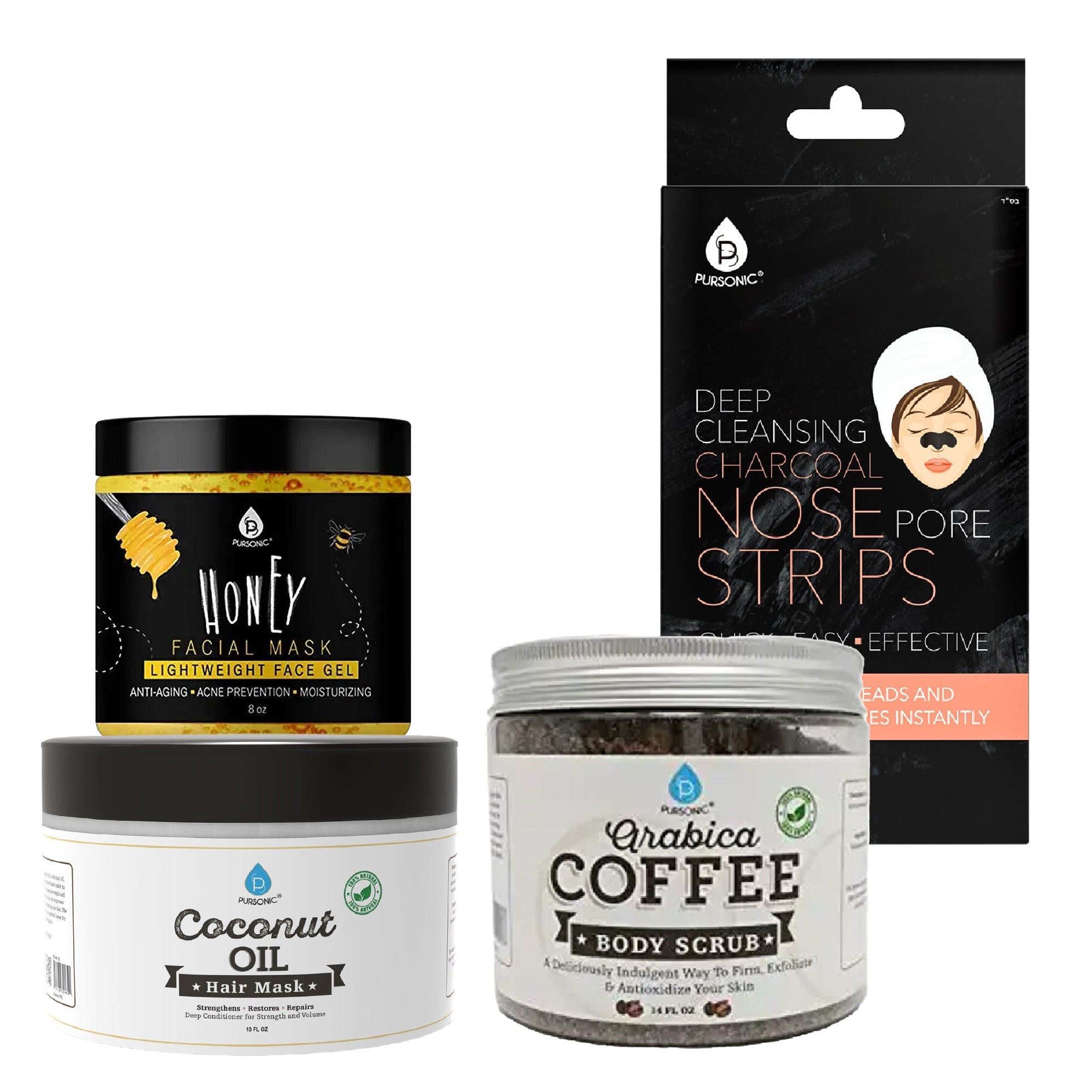 Pursonic Pamper & Glow Gift Bundle (6 pack Deep Cleansing Charcoal Nose Pore Strip, 100% Natural Arabica Coffee Body Scrub 14 Oz, 100% Natural Coconut Oil Hair Mask 10 Oz and Honey Facial Mask 8 Oz) Lootquake LLC