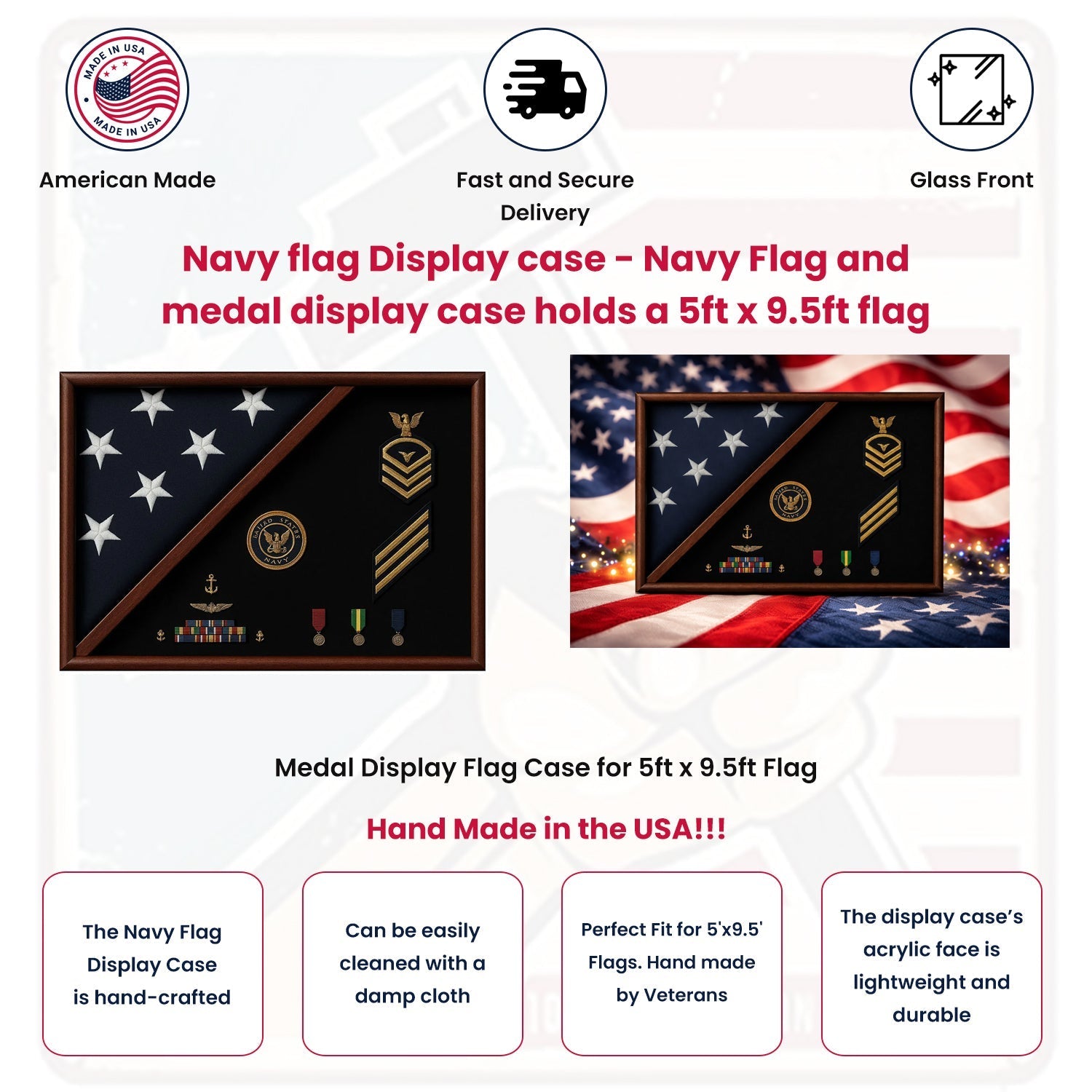 Navy flag Display case - Navy Flag and medal display case holds a 5ft x 9.5ft flag The Military Gift Store