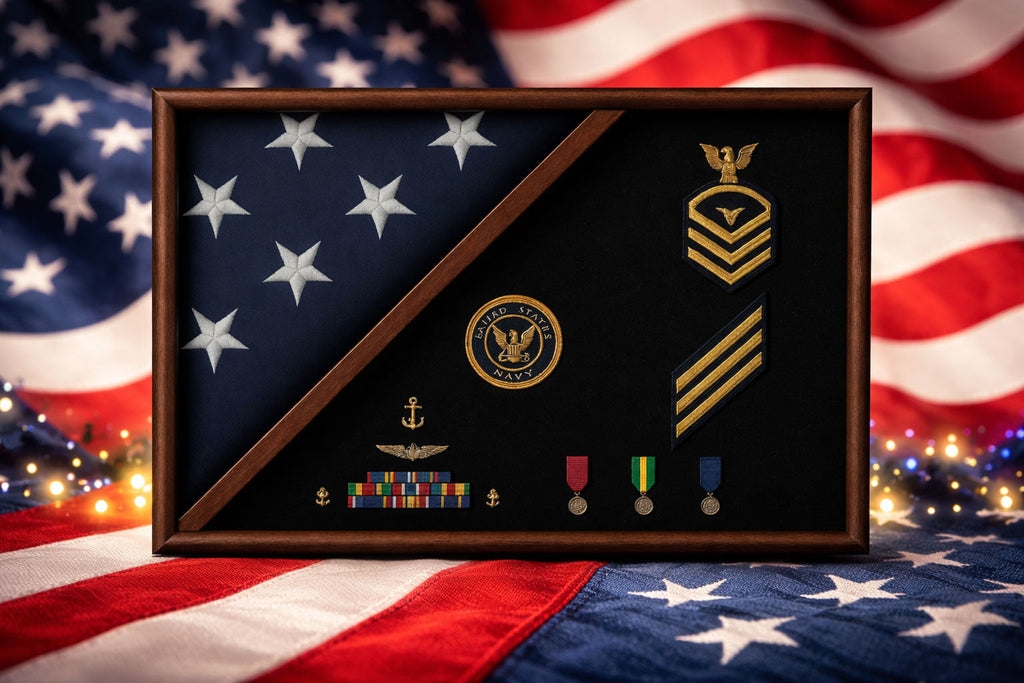 Navy flag Display case - Navy Flag and medal display case holds a 5ft x 9.5ft flag The Military Gift Store