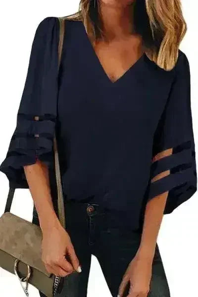 Navy Blue Flare Sleeve V Neck Loose Women's Chiffon Blouse - SJB-DIAMOND ELITES
