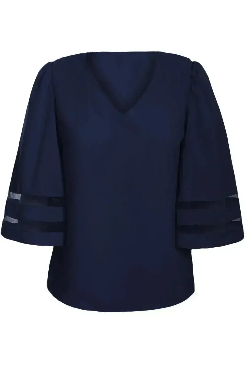 Navy Blue Flare Sleeve V Neck Loose Women's Chiffon Blouse - SJB-DIAMOND ELITES