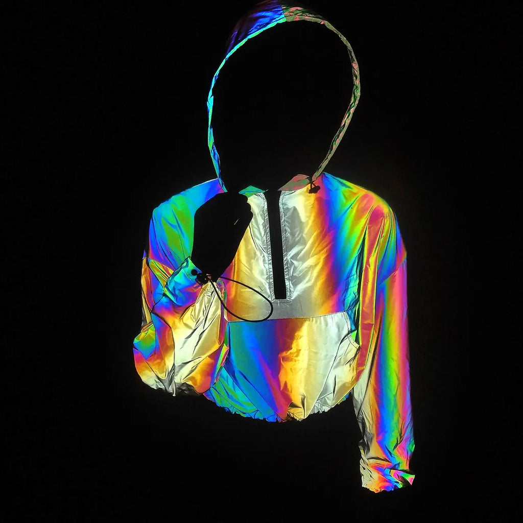 Women's Colorful Reflective Hooded Jacket Crop Top Pi-Mart