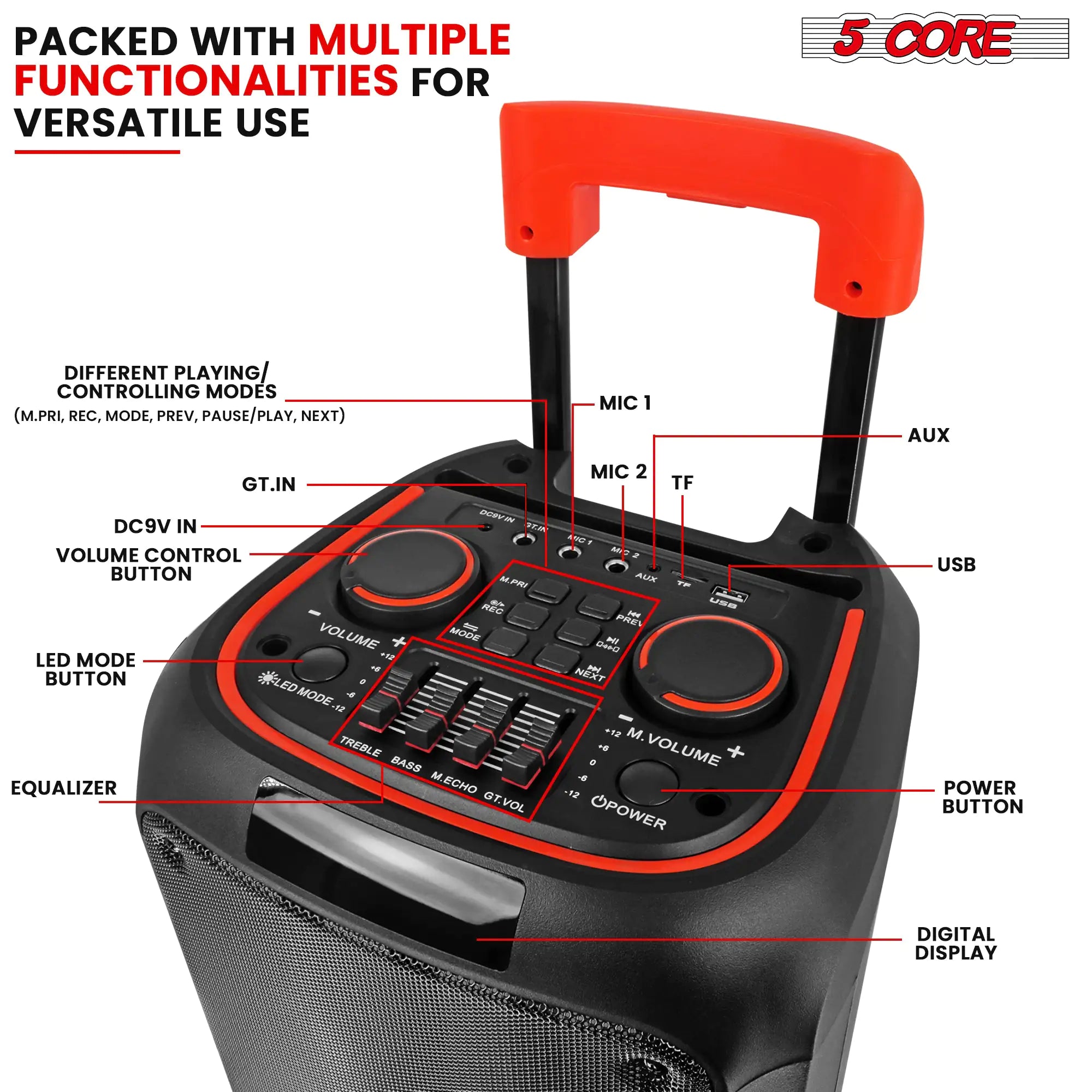 5Core Bluetooth Party Speaker 8 inch PA RGB Partybox Karaoke Machine + 2 Wireless Mic Pi-Mart