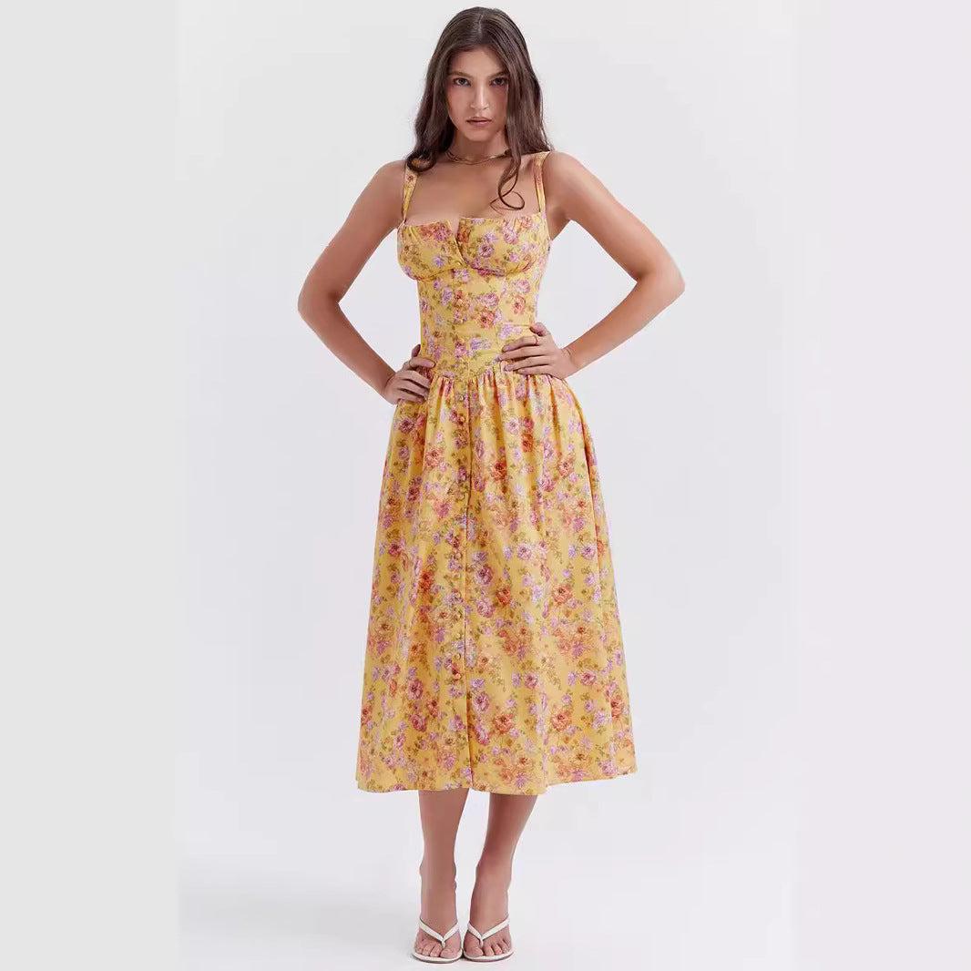 Floral Printed French Lace-Up Halter Dress - Sleeveless Spaghetti Strap Holiday Party Dress with Suspender Detail