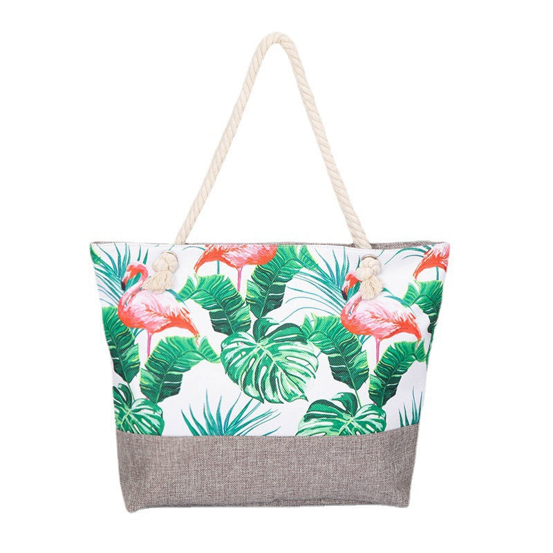 large capacity hemp rope linen ink printing shopping bag beach bag red-crowned crane shoulder seaside handbag women hobo - SJB-DIAMOND ELITES