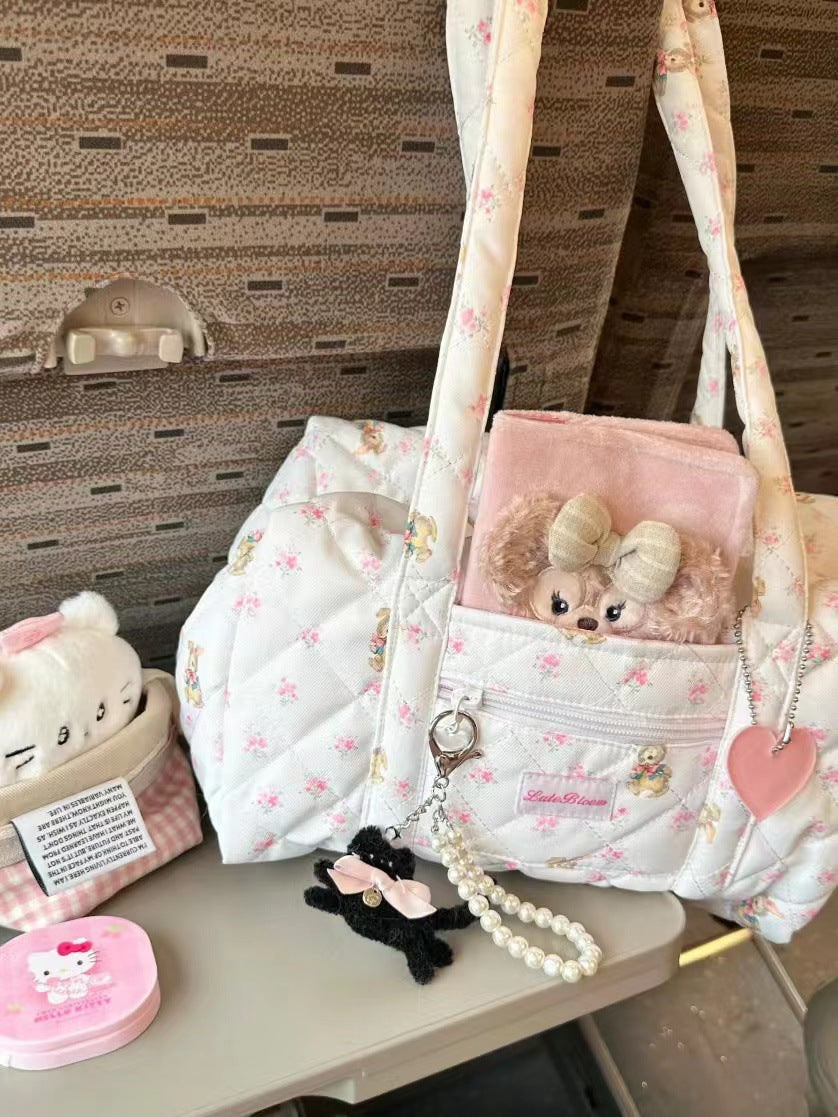 Large capacity tote bag for girls, short trip girl commuter bag, quilted puffy purse floral fabric, student class shoulder tote bag, - SJB-DIAMOND ELITES