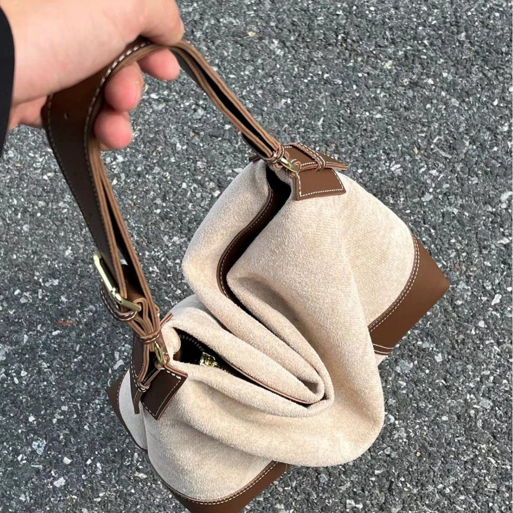 Large capacity suede hobo bag, female contrasting shoulder bag, underarm bag, slouchy bag