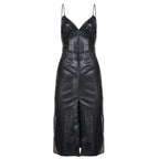 Women's sexy V-neck suspender split-ended dress temperament hip-wrapped tight elastic leather skirt