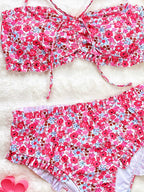 Bikini split swimsuit flower print pleated lace tube top triangular bikini