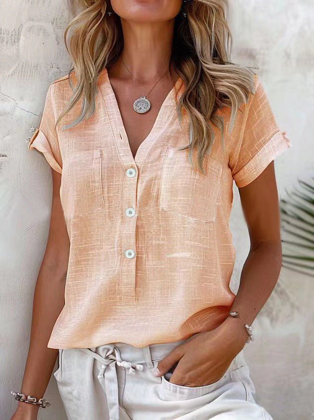 Solid Color Button Fashion Short Sleeve Lootquake LLC