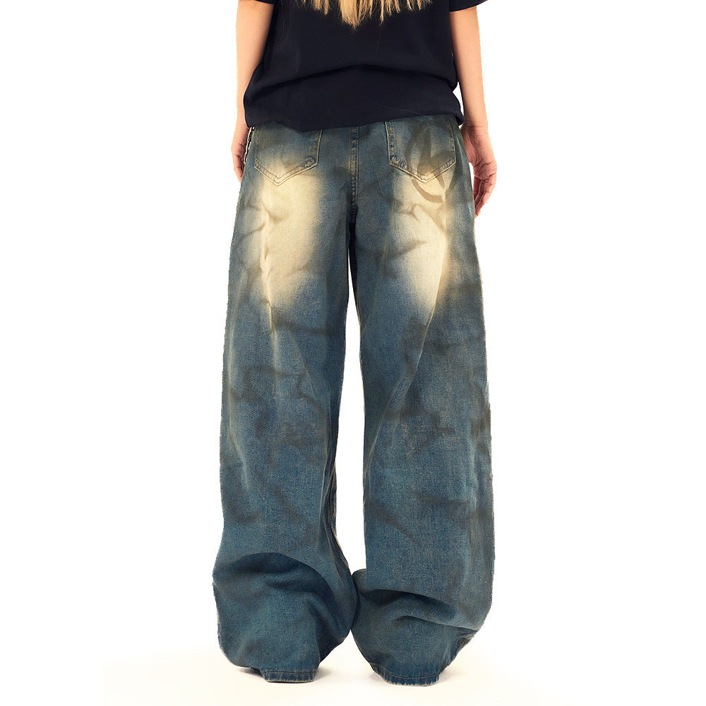 Wide Leg Straight Waste Soil Wind Contrast Color Inkjet Jeans Men Lootquake LLC