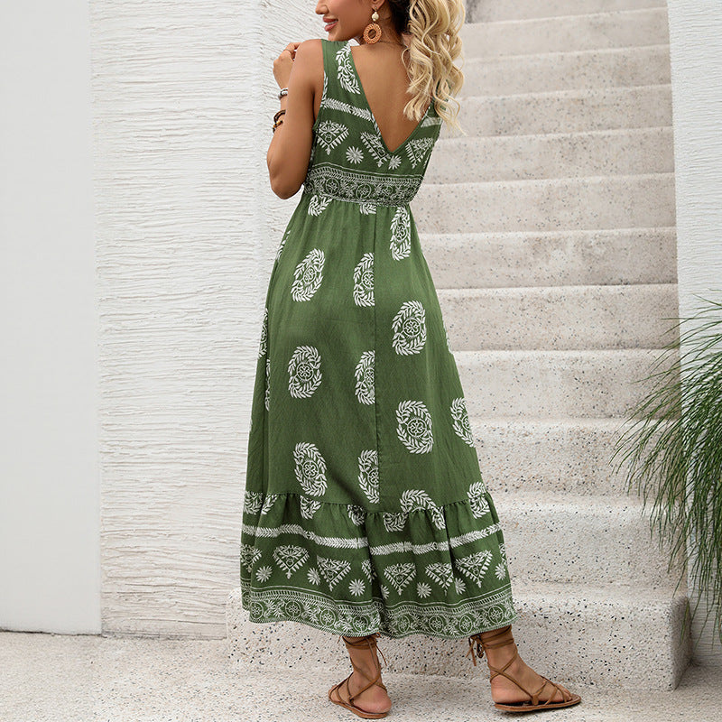 New Holiday Printed Green Ethnic Style Casual V-neck High Waist Dress For Women Lootquake LLC
