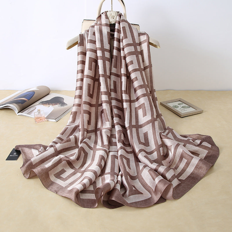 Vegan Silk scarf female classic wild houndstooth print long scarf holiday literary beach towel shawl SHOMICOBOUTIQUE