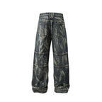 Street Fashion Hip Hop Inkjet Washed Distressed Stitching Straight Jeans Lootquake LLC