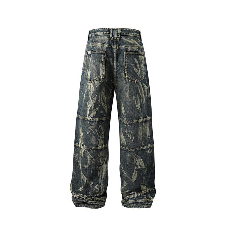 Street Fashion Hip Hop Inkjet Washed Distressed Stitching Straight Jeans Lootquake LLC