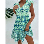V-Neck Strap Flower Dress Cap Sleeve Printed Vacation Dress