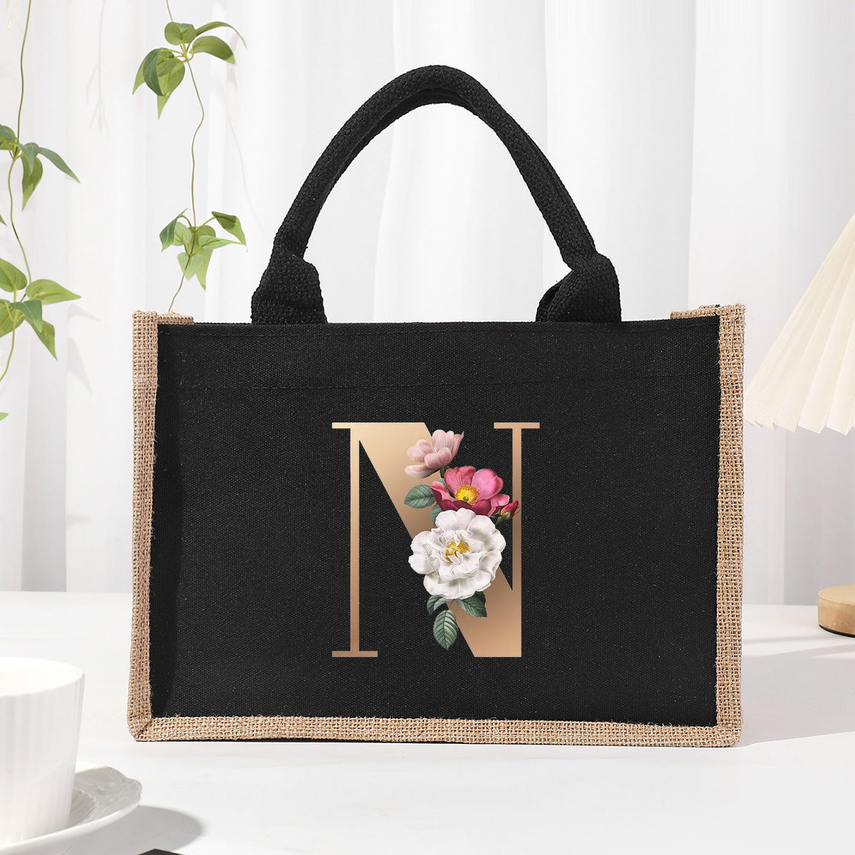 Cotton and linen canvas tote bag, printed letter tote bag, portable light handbag, gift shopping bag - SJB-DIAMOND ELITES