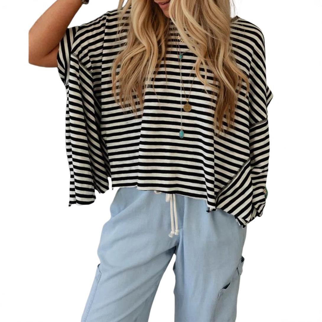 Round Neck Striped Printed T-Shirt Lootquake LLC