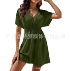 Women's clothing, summer beach sunscreen skirt casual V-neck pleated dress women