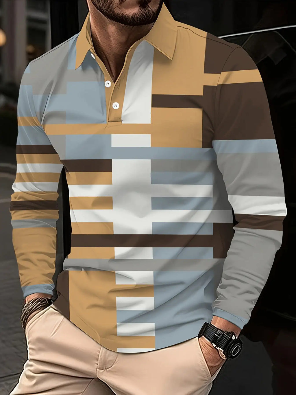 Men's Button Casual Slim Lapel 3D Printed Long Sleeve