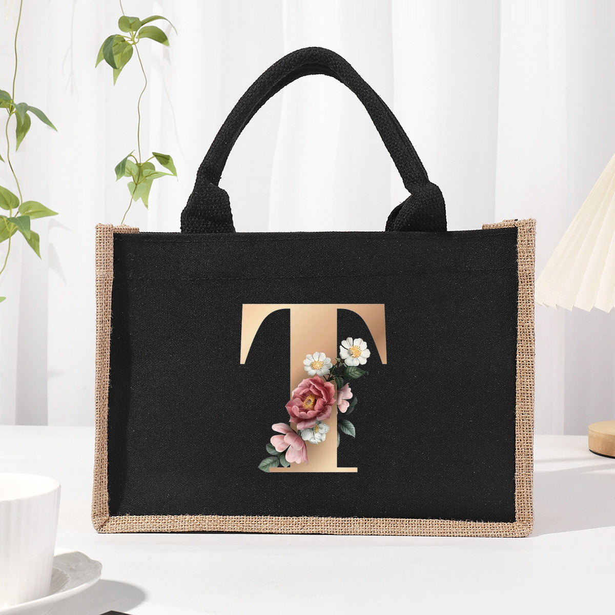 Cotton and linen canvas tote bag, printed letter tote bag, portable light handbag, gift shopping bag - SJB-DIAMOND ELITES