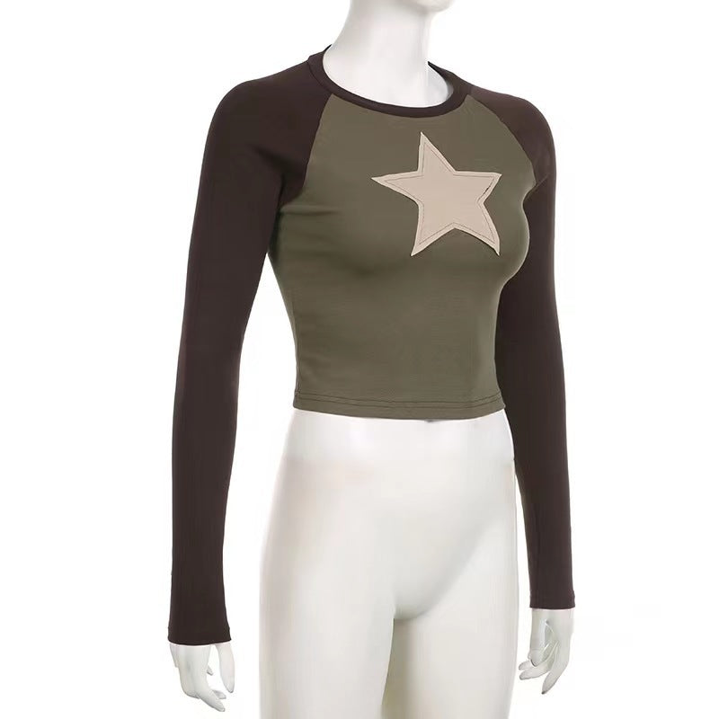 Spice Girl Crew Neck Short Top Wind Contrast Color Pentagram Patch Embroidered T-Shirt Women's Vest