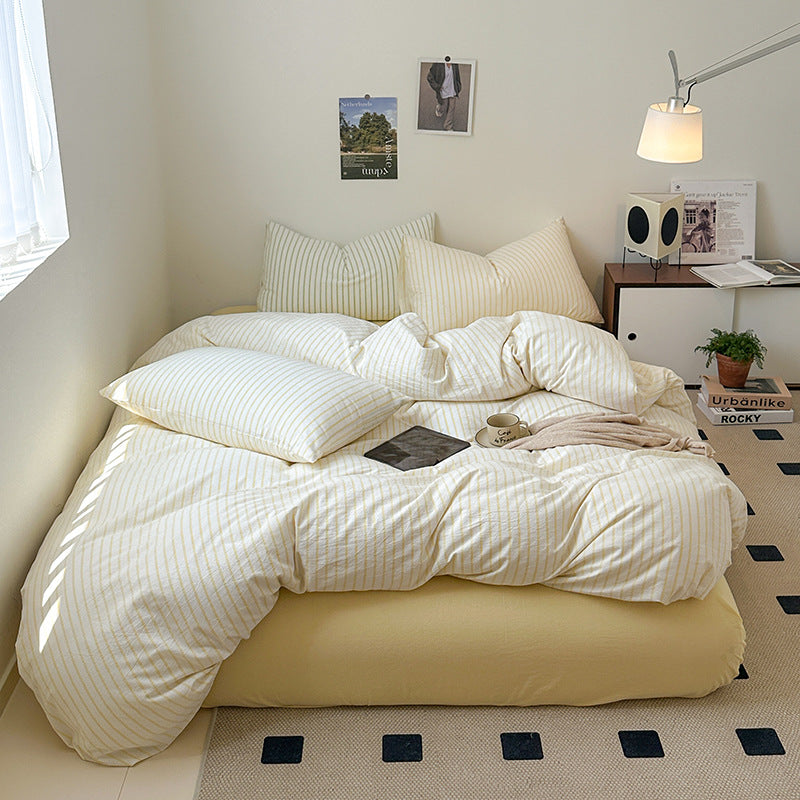 Cotton Yarn-dyed Washed Cotton Four-piece Set Full-cotton Fitted Sheet Non-printed Minimalist Bed Sheet Duvet Cover Pi-Mart