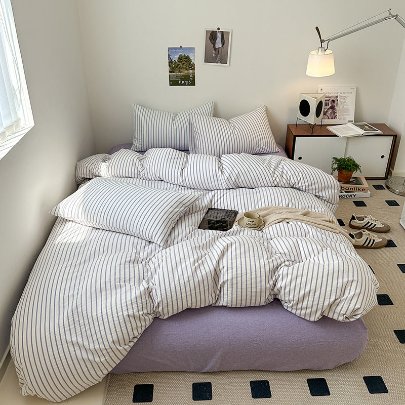 Cotton Yarn-dyed Washed Cotton Four-piece Set Full-cotton Fitted Sheet Non-printed Minimalist Bed Sheet Duvet Cover Pi-Mart