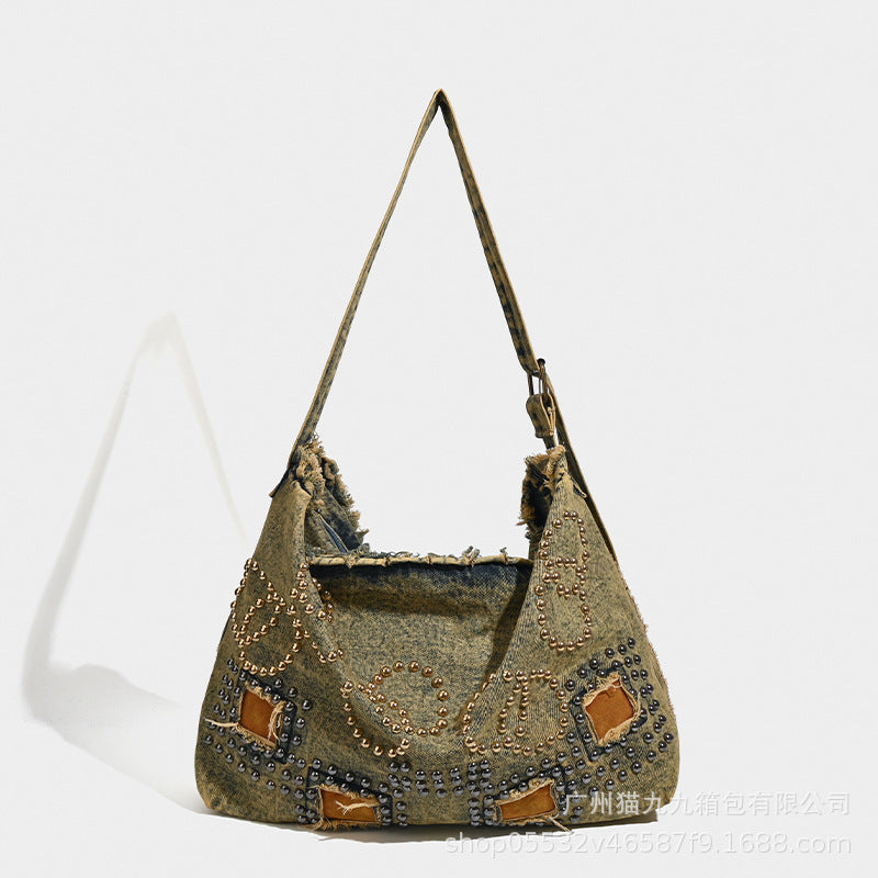 Large capacity hobo shoulder tote bag, retro denim bag, stylish crossbody bag, rivet design shoulder bag - SJB-DIAMOND ELITES