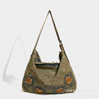 Large capacity hobo shoulder tote bag, retro denim bag, stylish crossbody bag, rivet design shoulder bag - SJB-DIAMOND ELITES