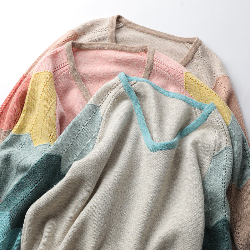 Contrast Color Woolen Sweater Women V-neck Pullover Patchwork Color Thermal Knitting Sweater Women Pi-Mart