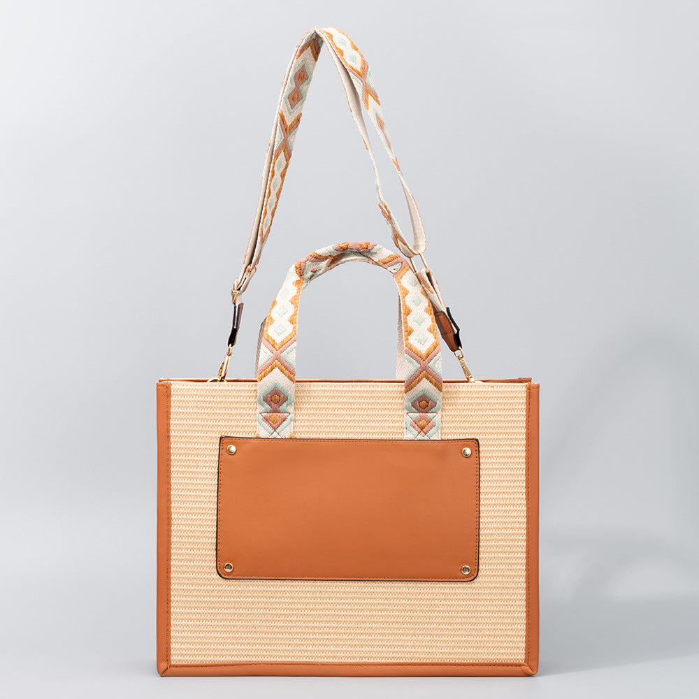 Straw tote bag, seaside vacation tote bag, large capacity beach bag, handbag contrasting color crossbody shoulder bag women with guitar belt - SJB-DIAMOND ELITES